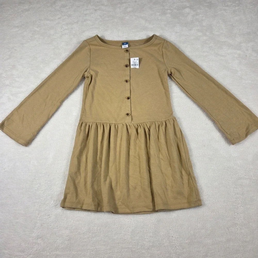 Old Navy Kids Girls Long Sleeve Drop Waist Dress Tan Size S 6-7 Button Front